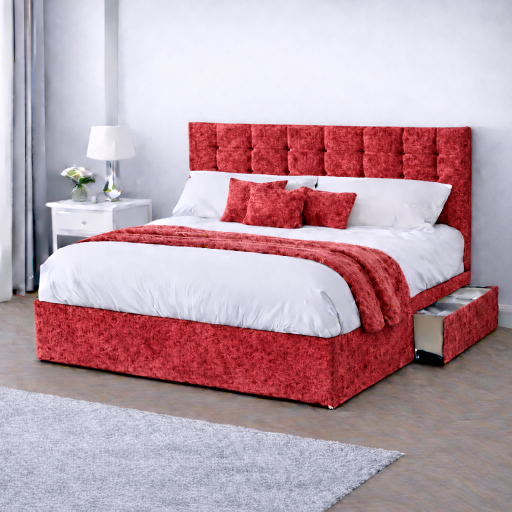 Crushed Velvet Bed with Headboard, Mattress & Drawer