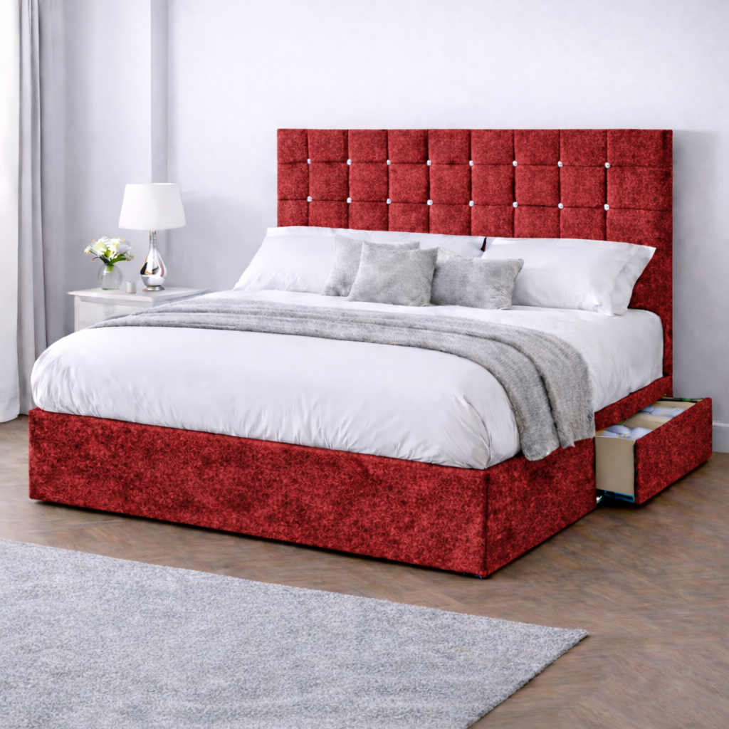 Crushed Velvet Bed with Headboard, Mattress & Drawer