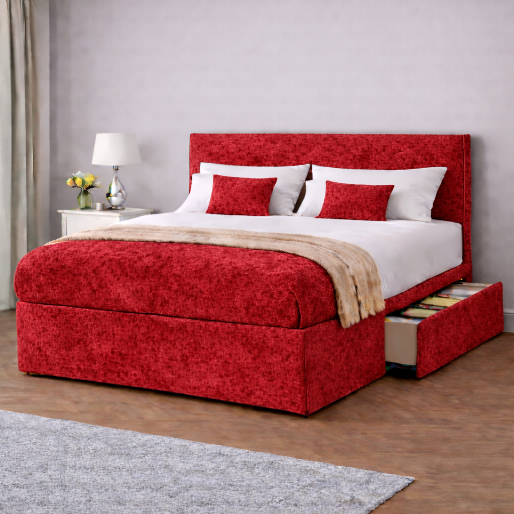 Crushed Velvet Bed with Headboard, Mattress & Drawer