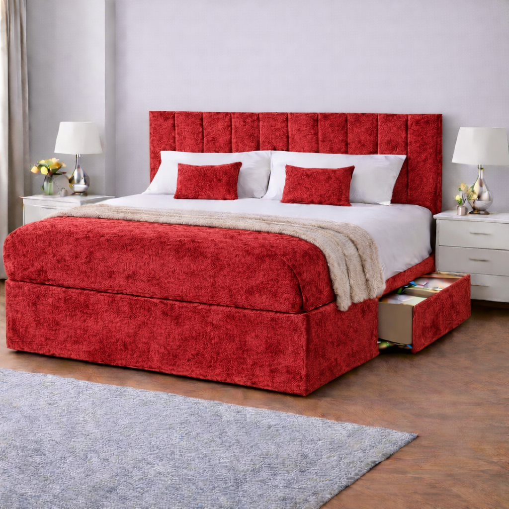 Crushed Velvet Bed with Headboard, Mattress & Drawer