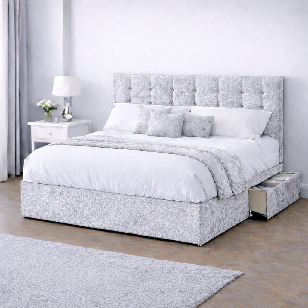 Crushed Velvet Bed with Headboard, Mattress & Drawer
