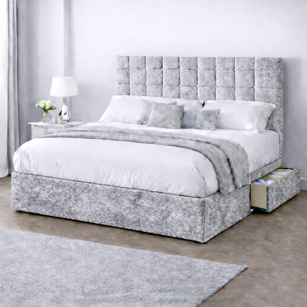 Crushed Velvet Bed with Headboard, Mattress & Drawer
