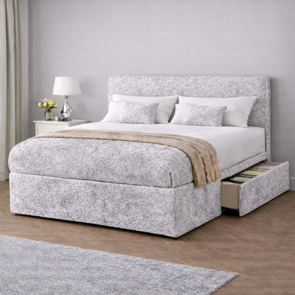 Crushed Velvet Bed with Headboard, Mattress & Drawer
