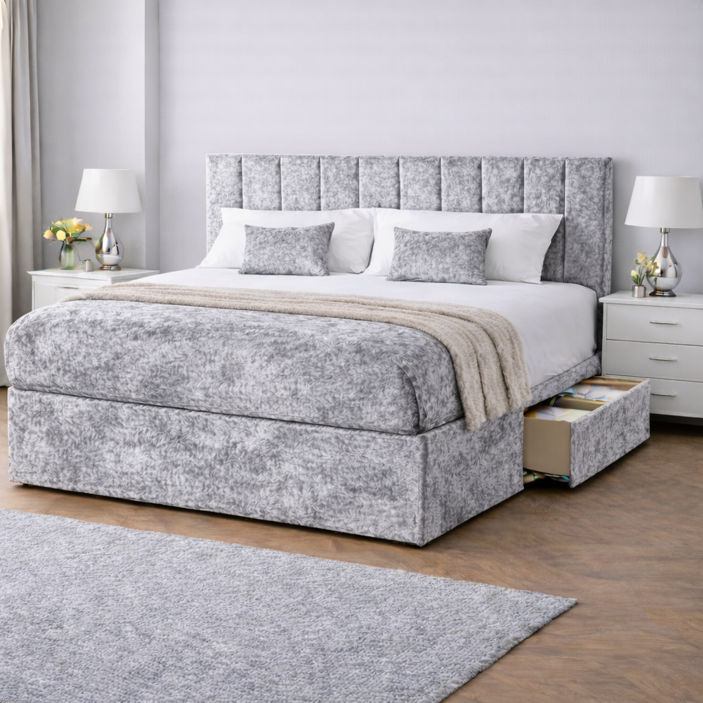 Crushed Velvet Bed with Headboard, Mattress & Drawer