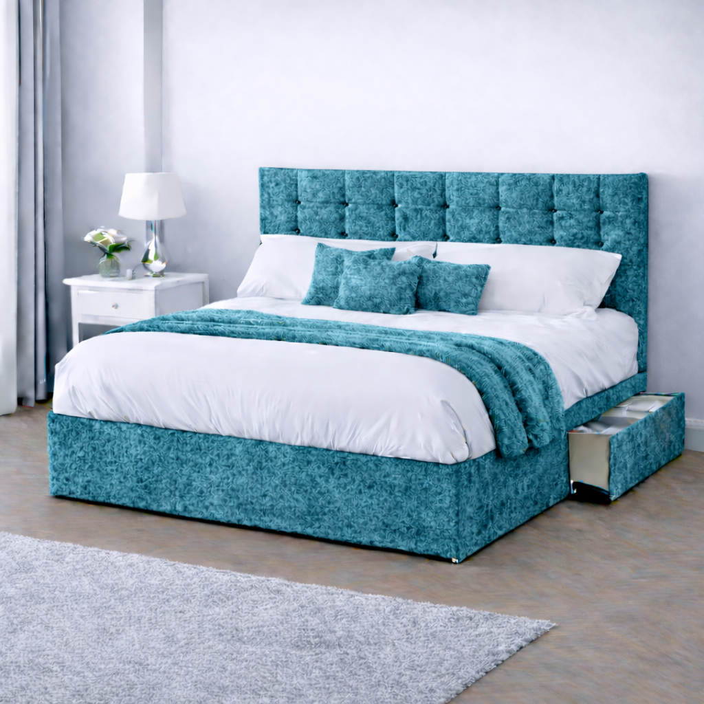 Crushed Velvet Bed with Headboard, Mattress & Drawer