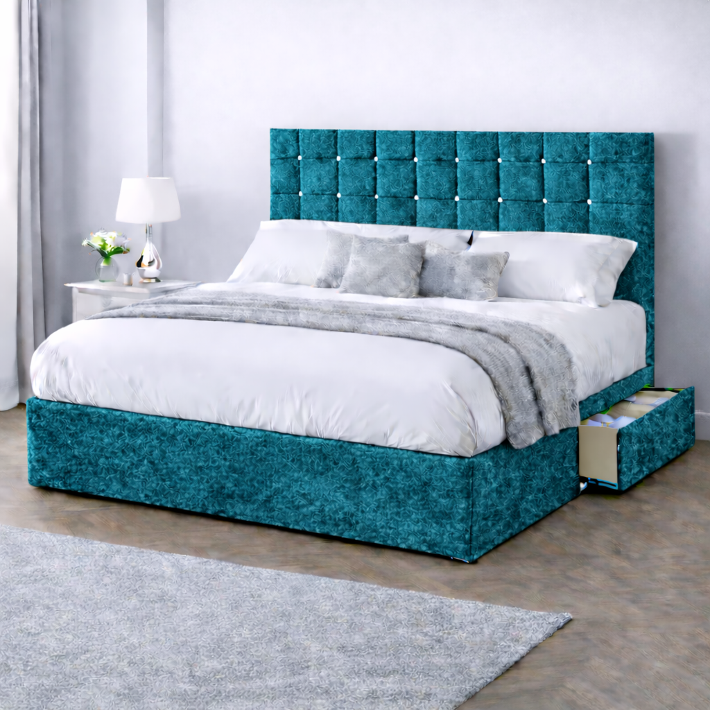Crushed Velvet Bed with Headboard, Mattress & Drawer