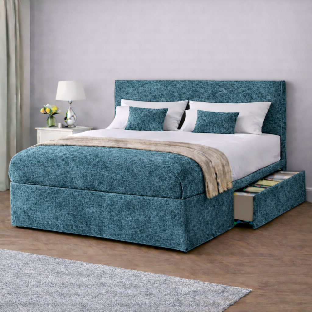 Crushed Velvet Bed with Headboard, Mattress & Drawer