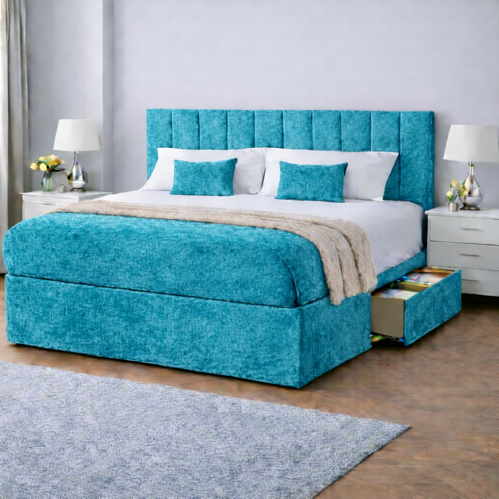 Crushed Velvet Bed with Headboard, Mattress & Drawer