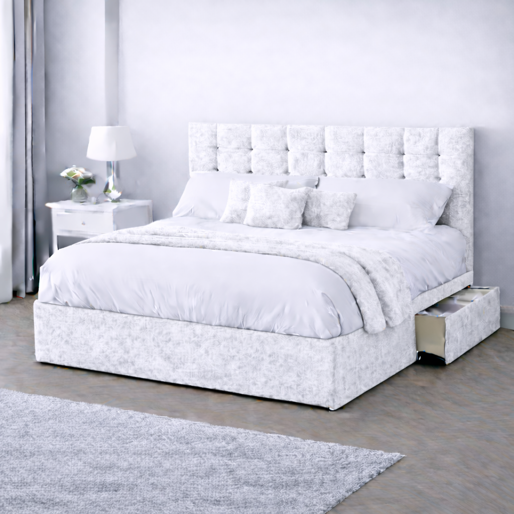 Crushed Velvet Bed with Headboard, Mattress & Drawer