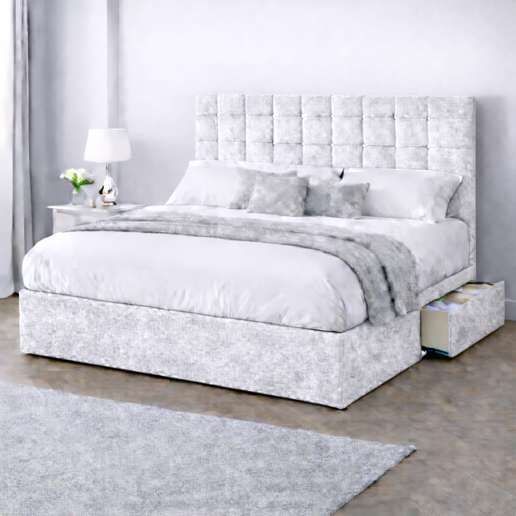 Crushed Velvet Bed with Headboard, Mattress & Drawer