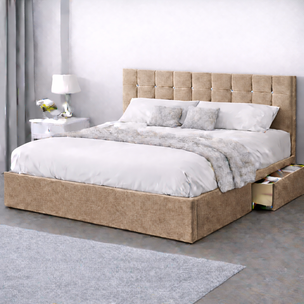 Plush Velvet Bed with Headboard, Mattress & Drawer