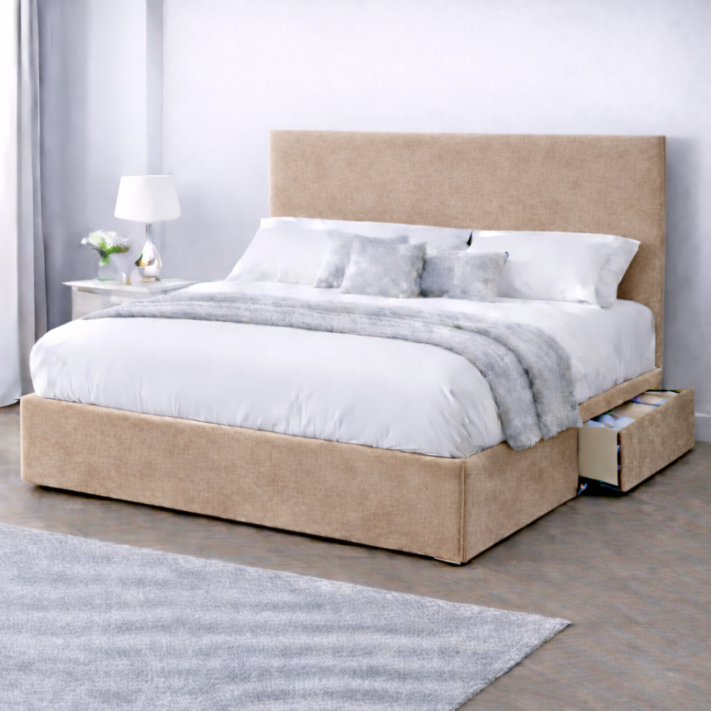 Plush Velvet Bed with Headboard, Mattress & Drawer