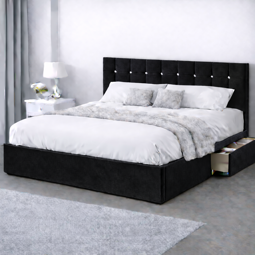 Plush Velvet Bed with Headboard, Mattress & Drawer