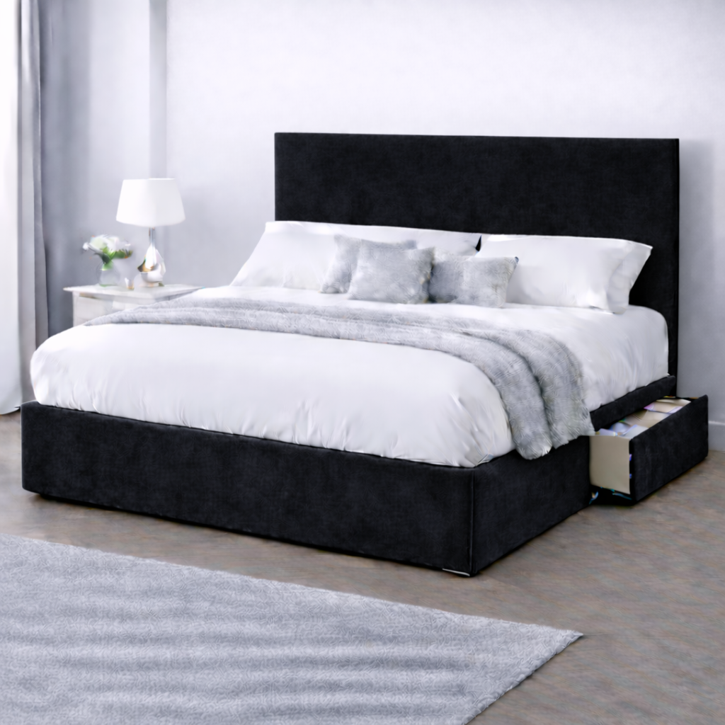 Plush Velvet Bed with Headboard, Mattress & Drawer