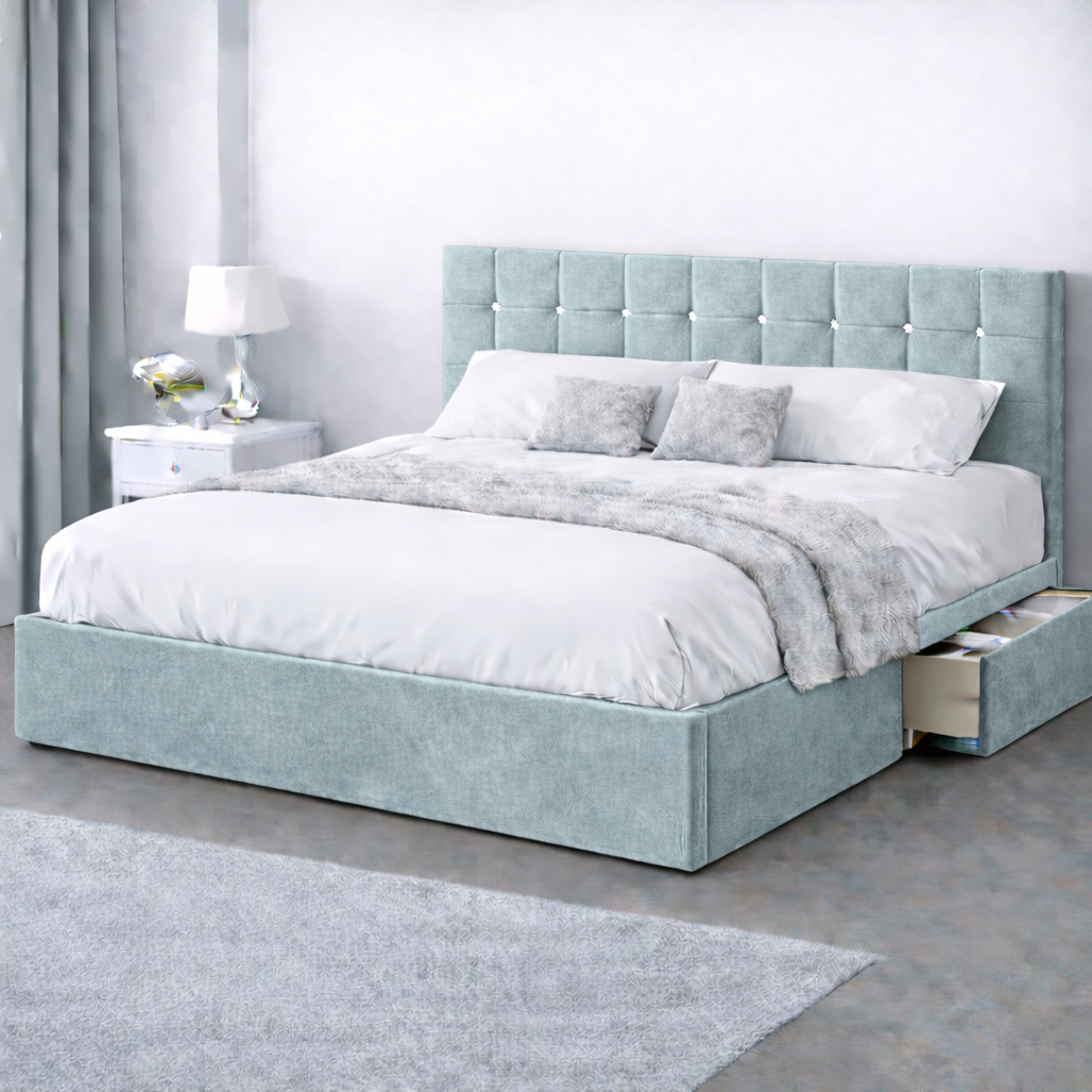 Plush Velvet Bed with Headboard, Mattress & Drawer