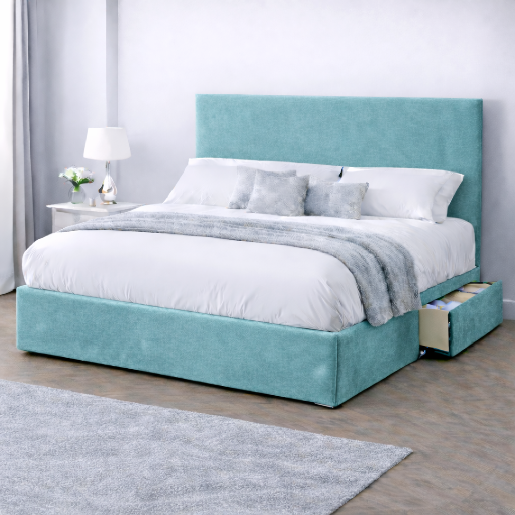 Plush Velvet Bed with Headboard, Mattress & Drawer