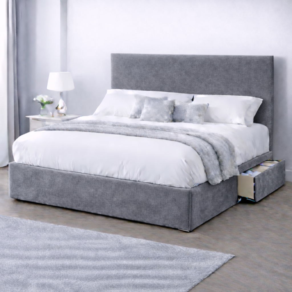 Plush Velvet Bed with Headboard, Mattress & Drawer