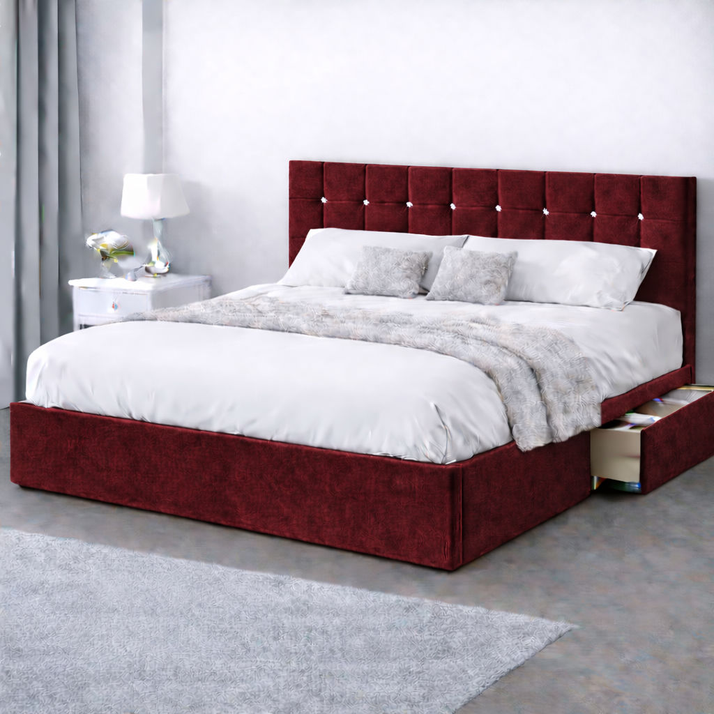 Plush Velvet Bed with Headboard, Mattress & Drawer