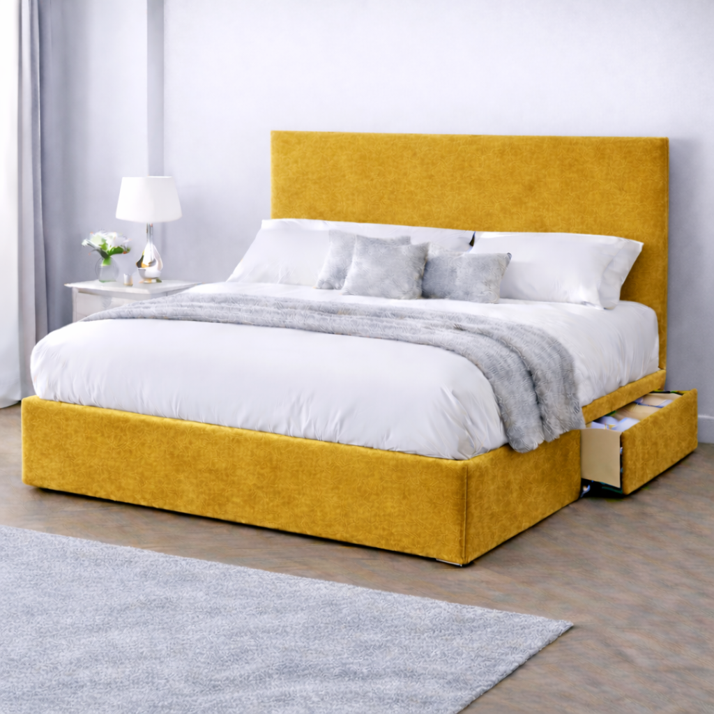 Plush Velvet Bed with Headboard, Mattress & Drawer