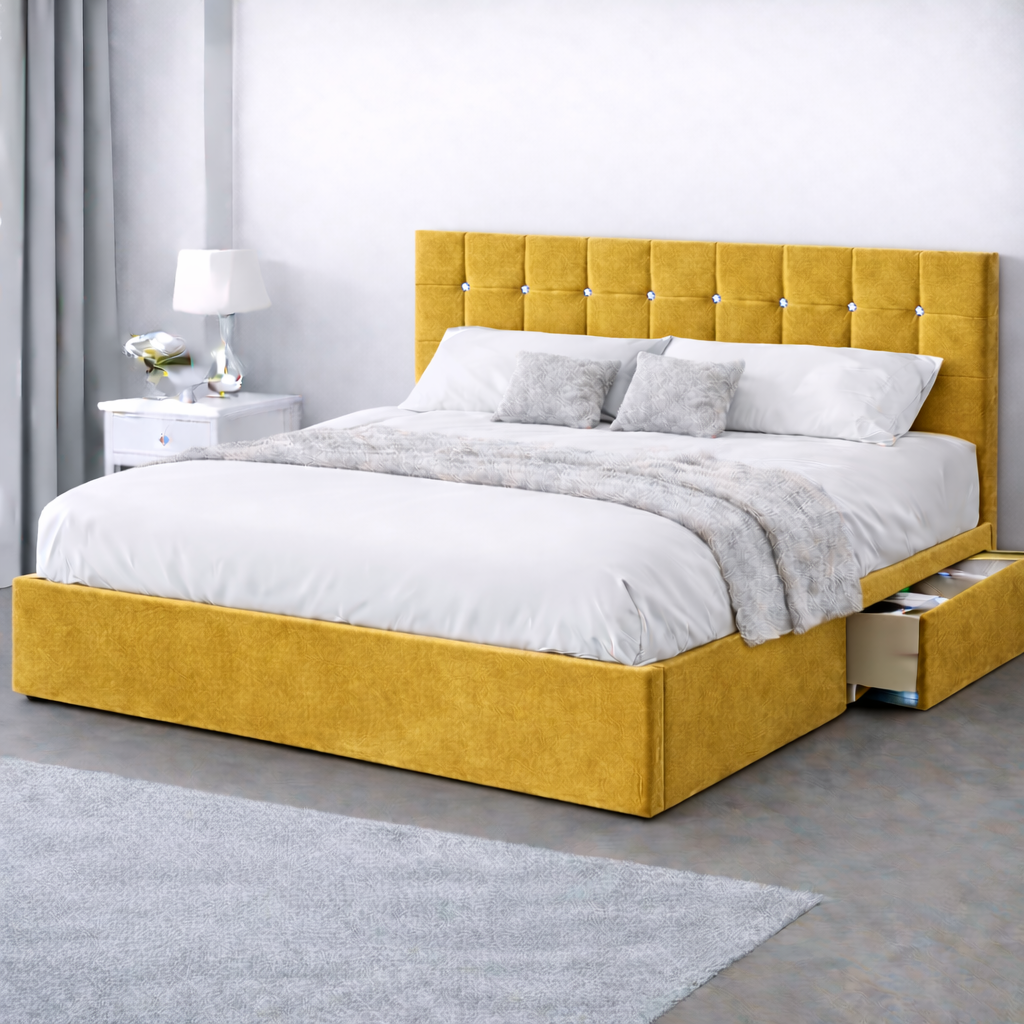 Plush Velvet Bed with Headboard, Mattress & Drawer