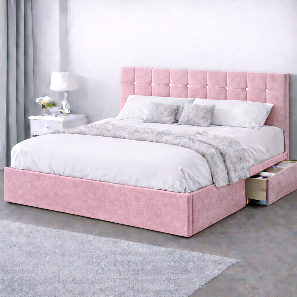 Plush Velvet Bed with Headboard, Mattress & Drawer