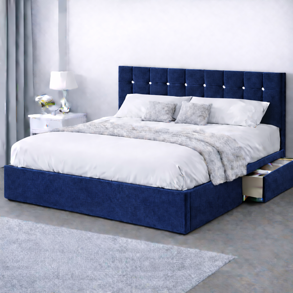 Plush Velvet Bed with Headboard, Mattress & Drawer