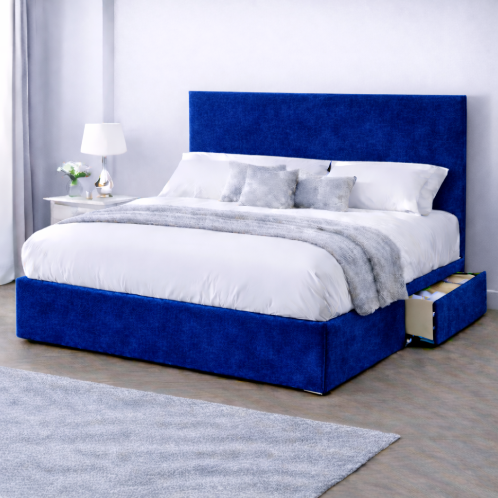 Plush Velvet Bed with Headboard, Mattress & Drawer