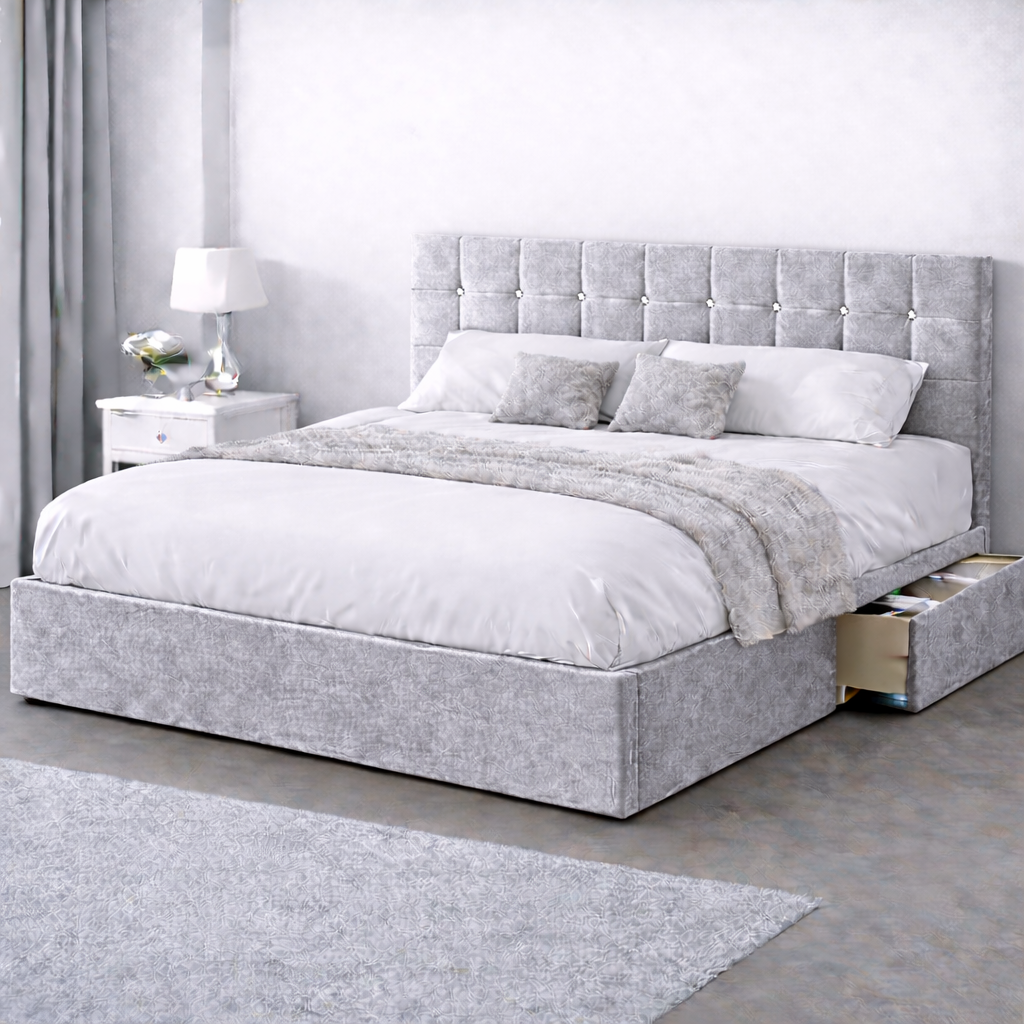 Plush Velvet Bed with Headboard, Mattress & Drawer