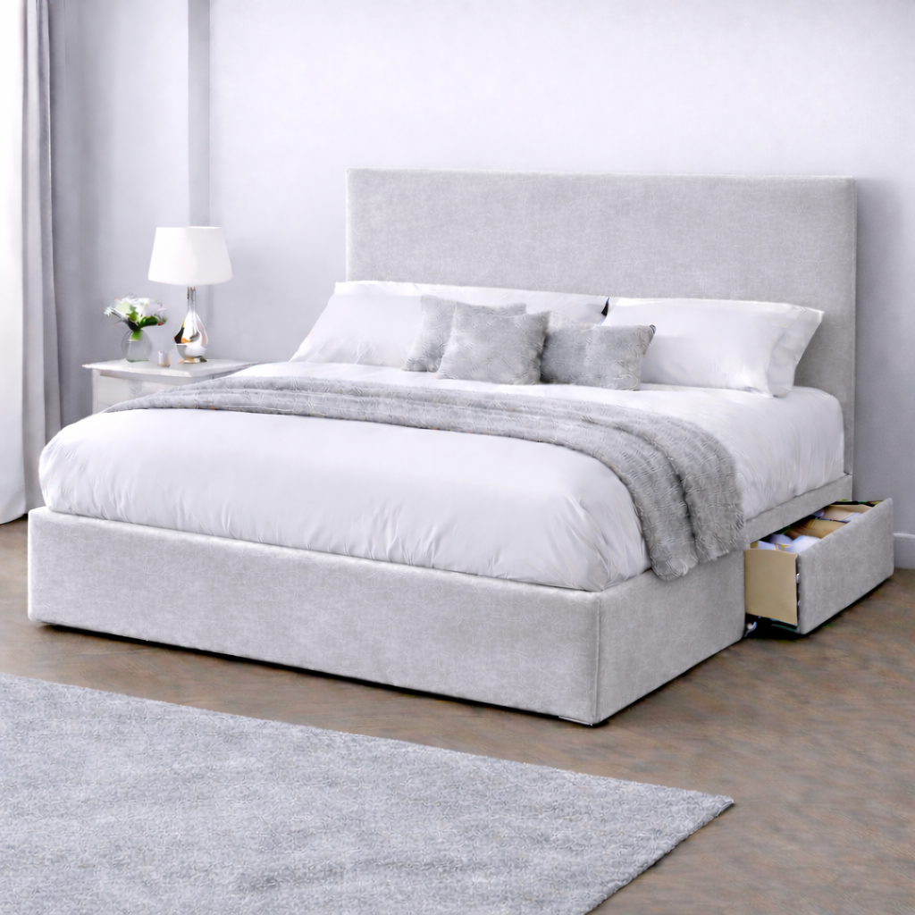 Plush Velvet Bed with Headboard, Mattress & Drawer
