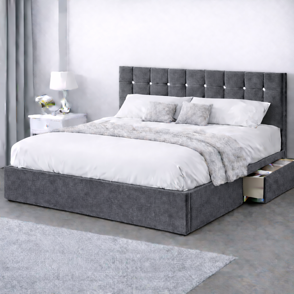 Plush Velvet Bed with Headboard, Mattress & Drawer