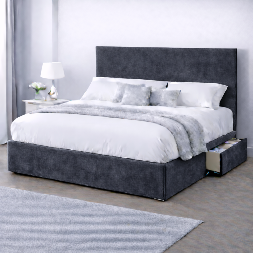 Plush Velvet Bed with Headboard, Mattress & Drawer