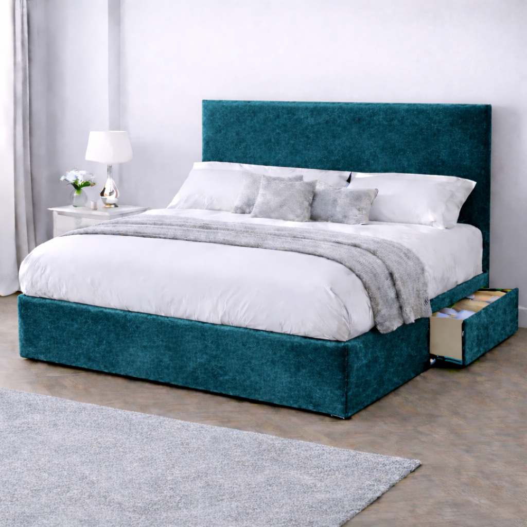 Plush Velvet Bed with Headboard, Mattress & Drawer