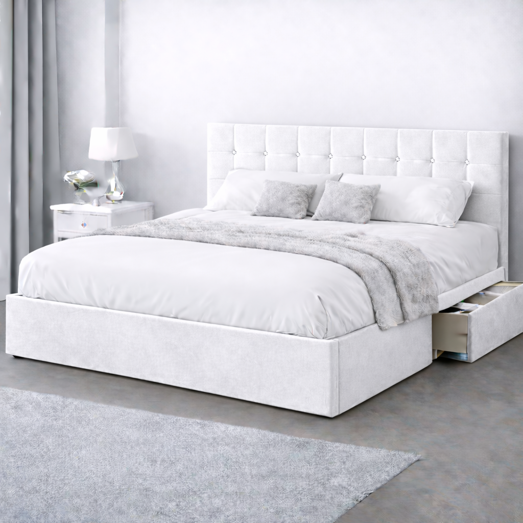 Plush Velvet Bed with Headboard, Mattress & Drawer
