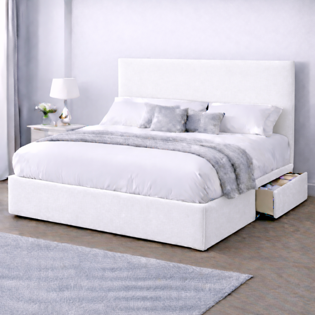 Plush Velvet Bed with Headboard, Mattress & Drawer