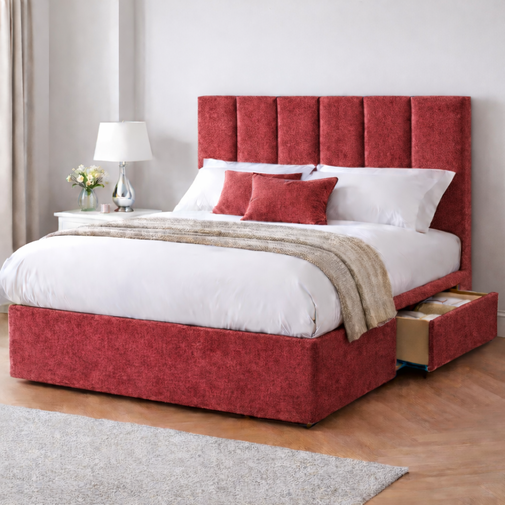 Chenille Bed with Headboard, Mattress & Drawer