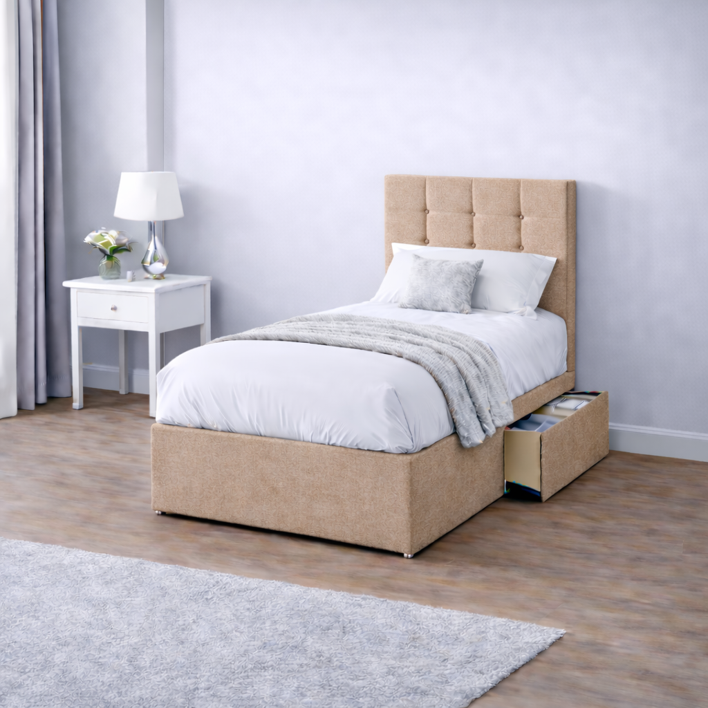 Chenille Bed with Headboard, Mattress & Drawer