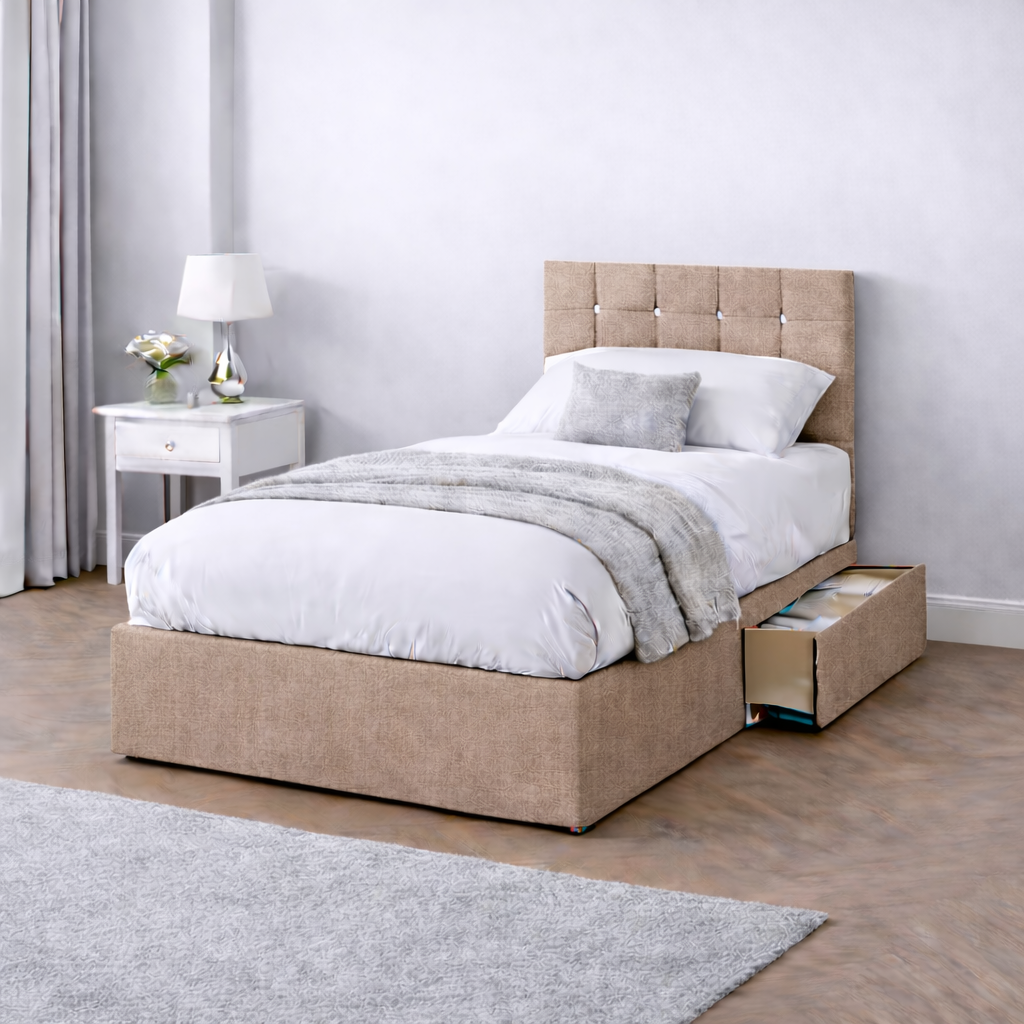 Chenille Bed with Headboard, Mattress & Drawer