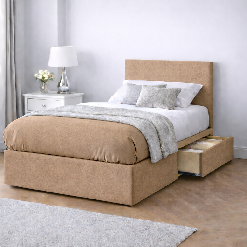 Chenille Bed with Headboard, Mattress & Drawer