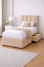 Chenille Bed with Headboard, Mattress & Drawer