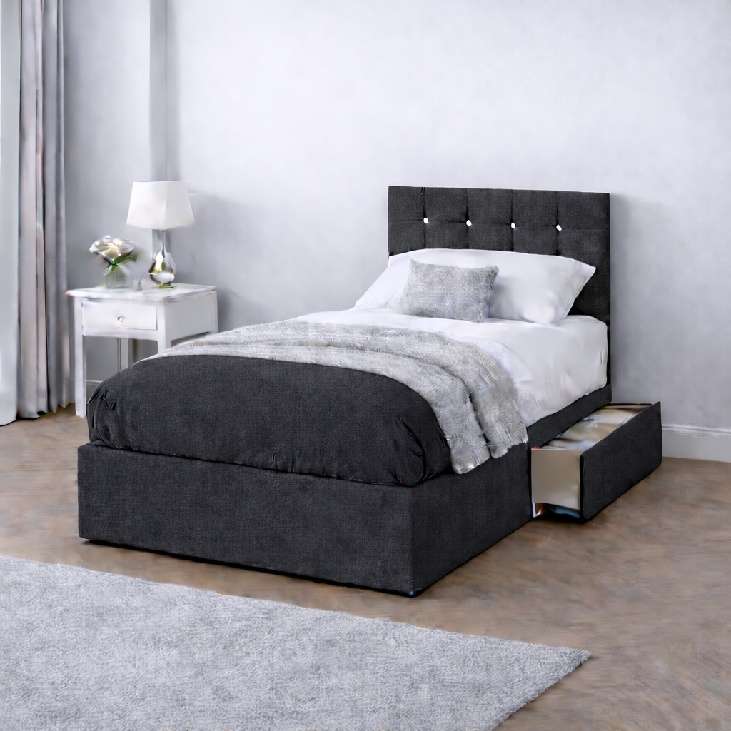 Chenille Bed with Headboard, Mattress & Drawer