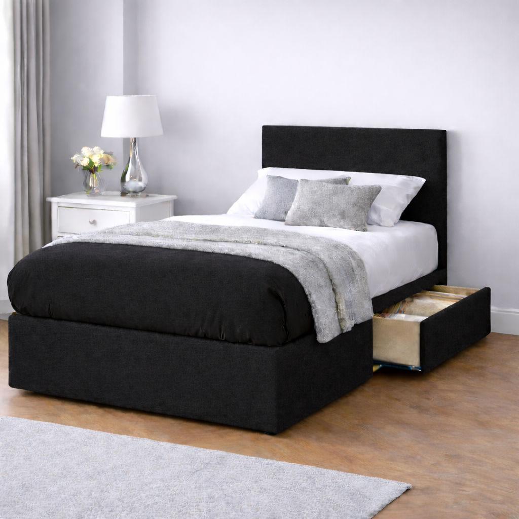 Chenille Bed with Headboard, Mattress & Drawer