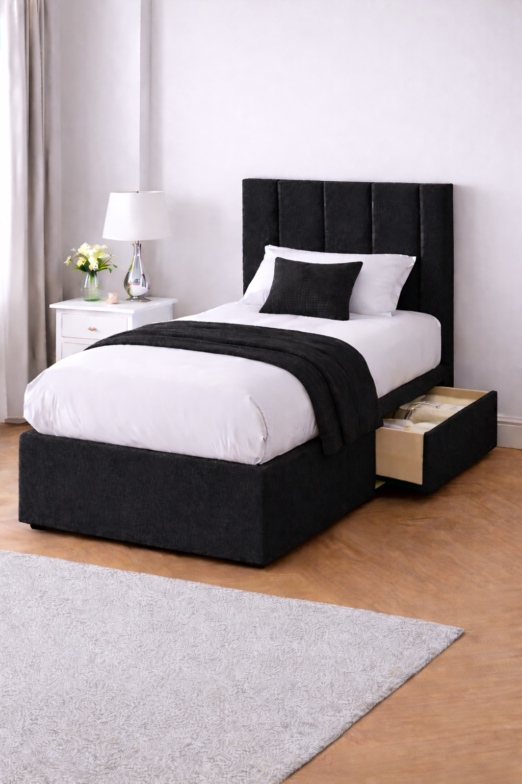 Chenille Bed with Headboard, Mattress & Drawer