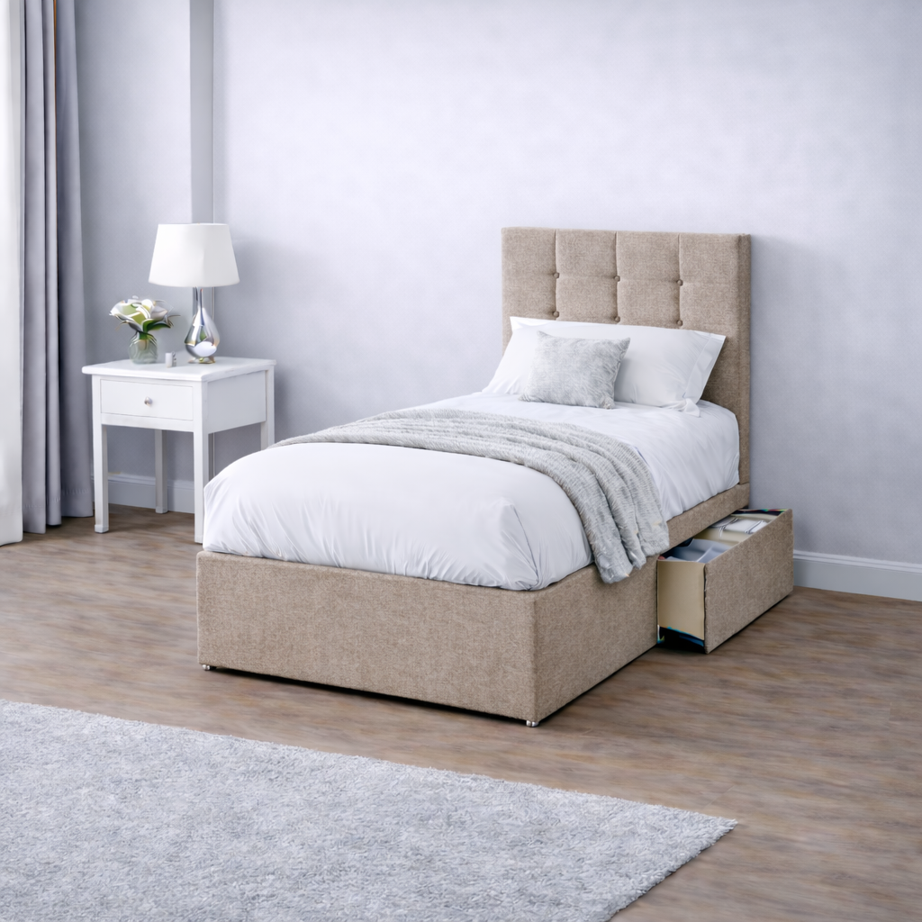 Chenille Bed with Headboard, Mattress & Drawer