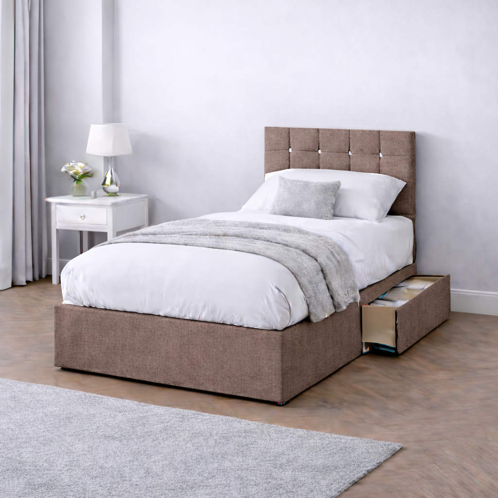 Chenille Bed with Headboard, Mattress & Drawer