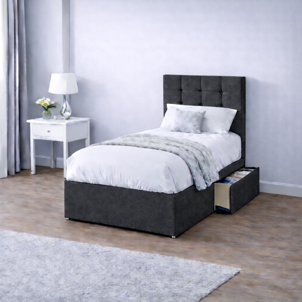 Chenille Bed with Headboard, Mattress & Drawer