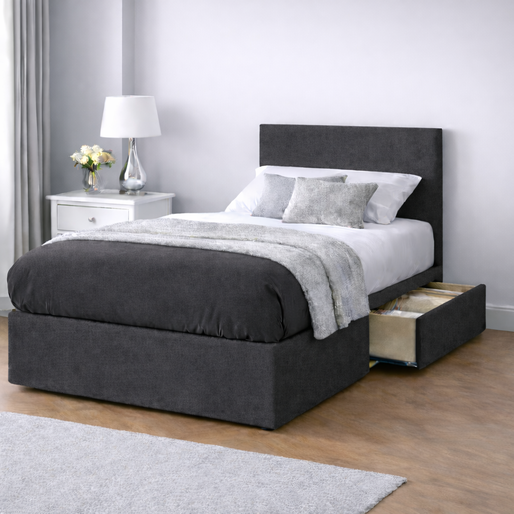 Chenille Bed with Headboard, Mattress & Drawer