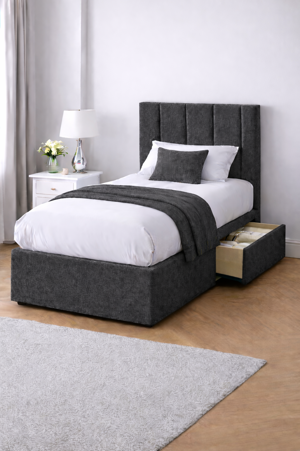Chenille Bed with Headboard, Mattress & Drawer