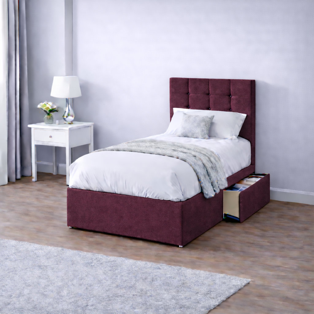Chenille Bed with Headboard, Mattress & Drawer