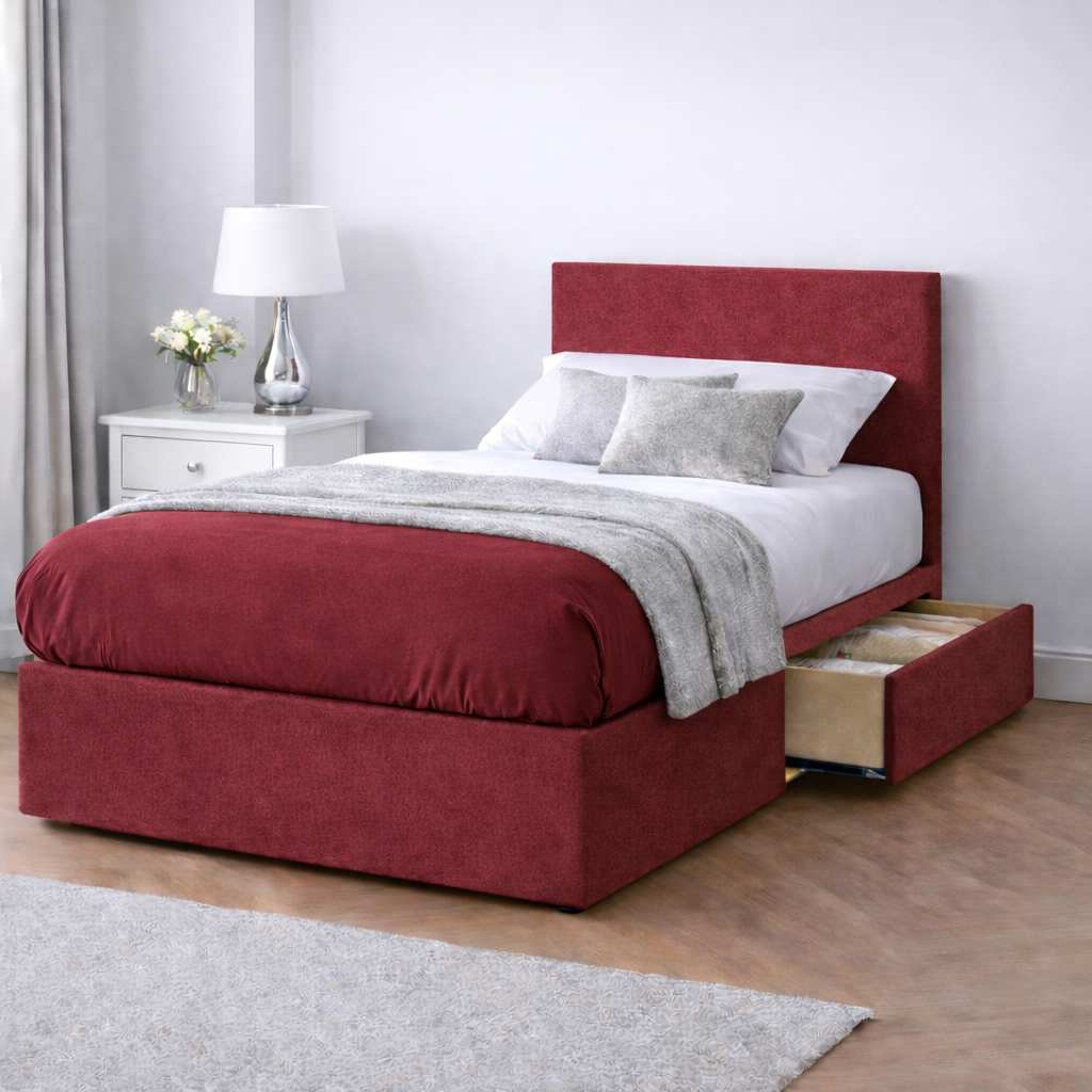 Chenille Bed with Headboard, Mattress & Drawer