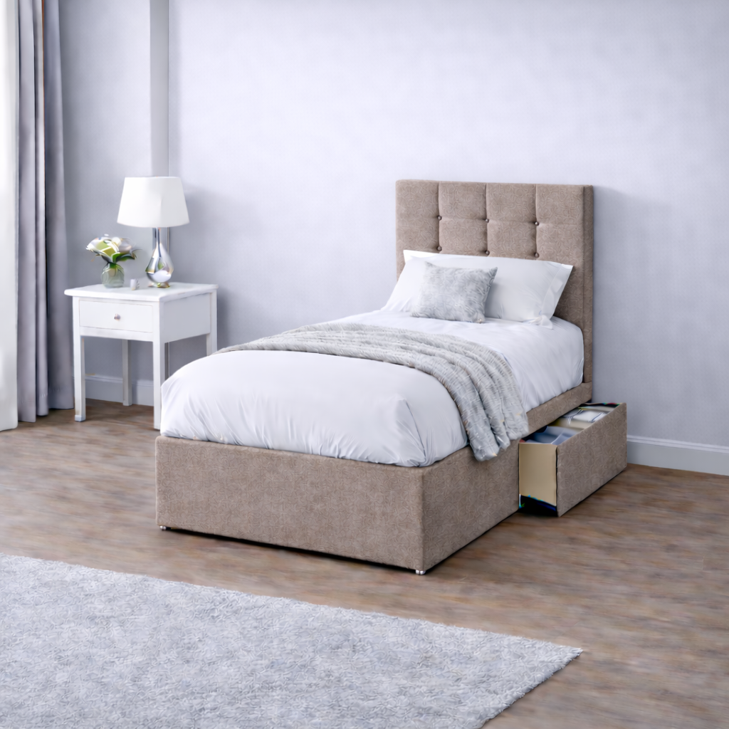 Chenille Bed with Headboard, Mattress & Drawer